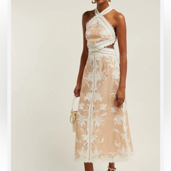 Zimmermann Corsage Lily Silk Linen Floral Appliqué Halter Dress - Picture 2 of 5